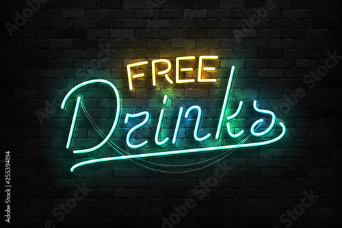 Vector realistic isolated neon sign of Free Drinks typography logo for template decoration and covering on the wall background. Concept of Happy Hour.