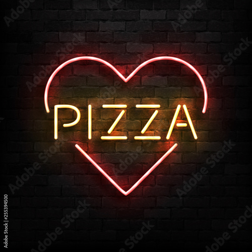 Vector realistic isolated neon sign of Pizza logo with heart shape for template decoration and covering on the wall background. Concept of restaurant, cafe and italian food.
