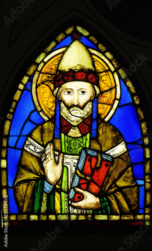 Saint Pope stained glass window by Pacino di Buonaguida, Basilica di Santa Croce (Basilica of the Holy Cross) - famous Franciscan church in Florence, Italy