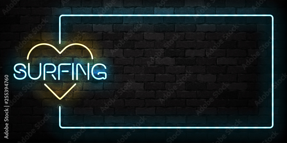 Vector realistic isolated neon sign of Surfing frame logo for template decoration and layout covering on the wall background. Vector realistic isolated neon sign of Surfing frame logo for template decoration and layout covering on the wall background.