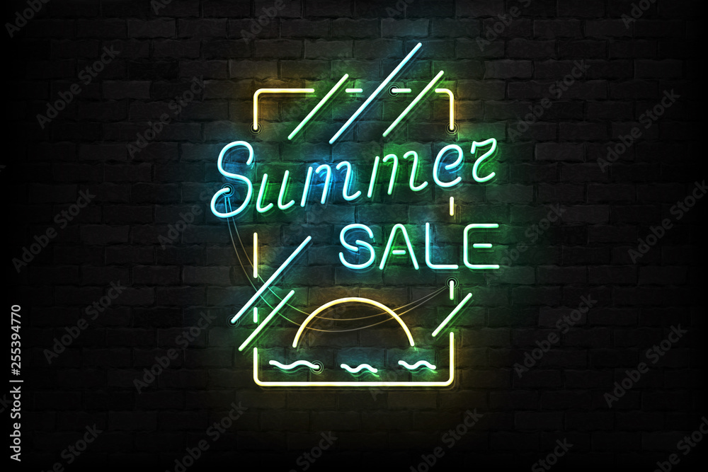 Obraz premium Vector realistic isolated neon sign of Summer Sale logo for template decoration and invitation covering on the wall background.