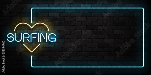 Vector realistic isolated neon sign of Surfing frame logo for template decoration and layout covering on the wall background.