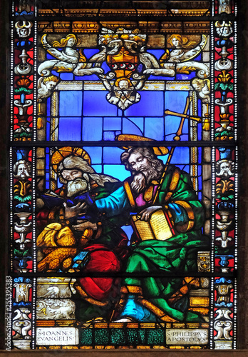 Saint John the Evangelist and Saint Philip the Apostle, stained glass window in Santa Maria Novella church in Florence, Italy
