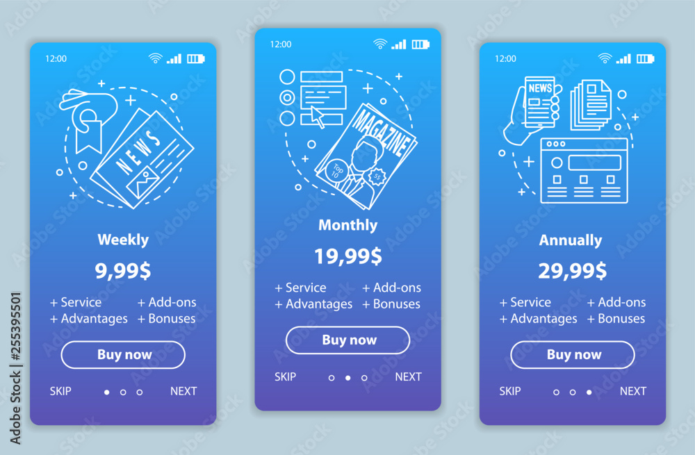 Ταπετσαρία Newspaper, magazine subscription onboarding mobile app screens