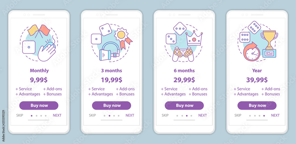 Gaming subscription onboarding mobile app screens with service prices Gaming subscription onboarding mobile app screens with service prices