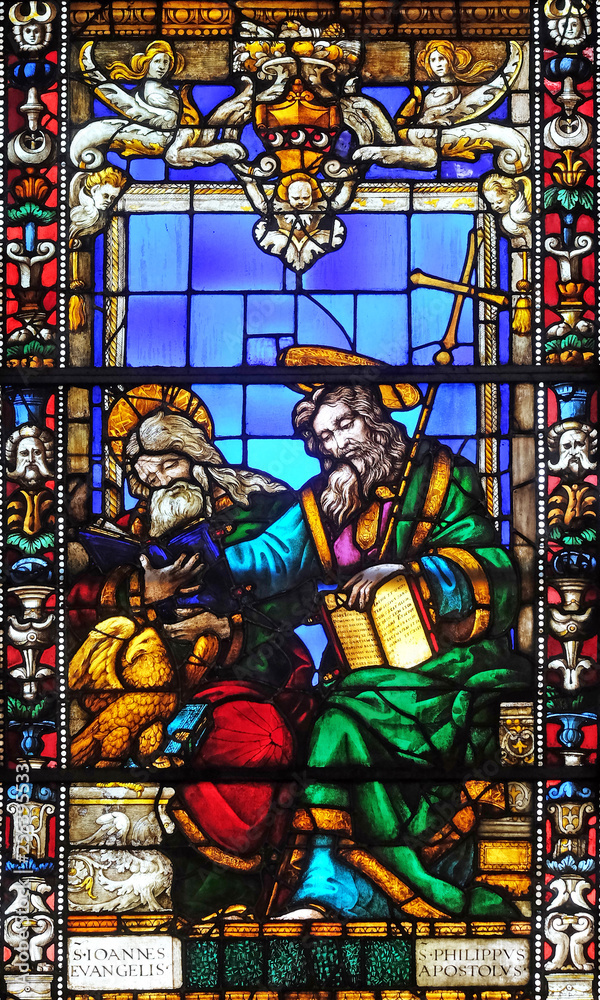 Saint John the Evangelist and Saint Philip the Apostle, stained glass window in Santa Maria Novella church in Florence, Italy