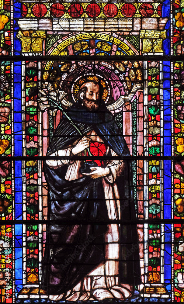 Saint Anthony of Padua, stained glass window in Santa Maria Novella Principal Dominican church in Florence, Italy