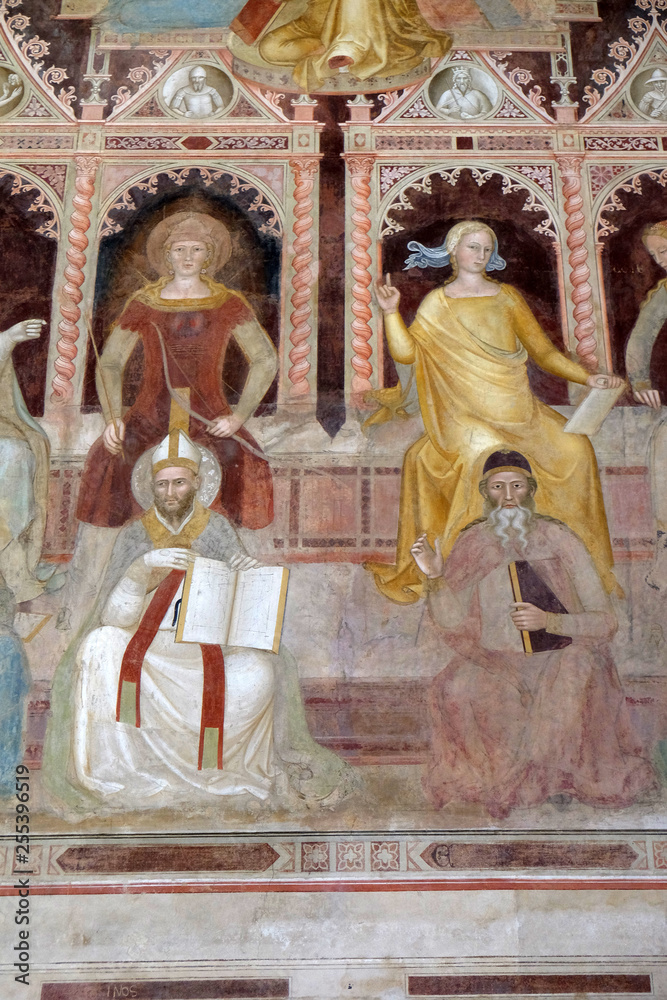 Obraz premium Preaching-St. Augustine, Arithmetic-Pythagoras, Sacred Sciences and Liberal arts, detail of the Triumph of St. Thomas Aquinas by Andrea di Buonaiuto, Santa Maria Novella church in Florence, Italy