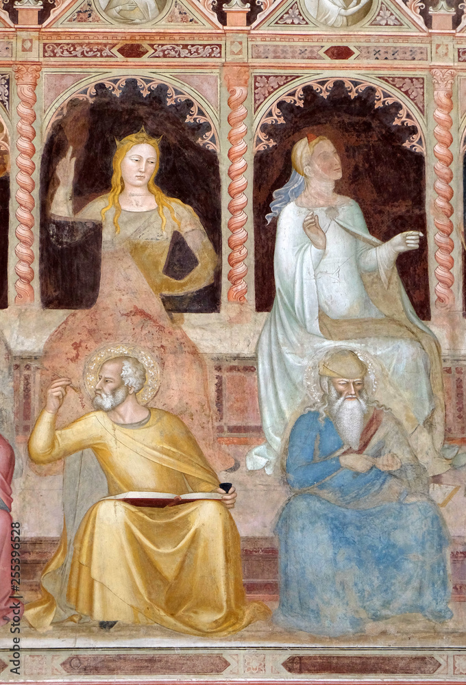 Fototapeta premium Theology-St. John od Damascus, Contemplation- Liberal arts, detail of the Triumph of St. Thomas Aquinas by Andrea di Buonaiuto, Santa Maria Novella church in Florence, Italy