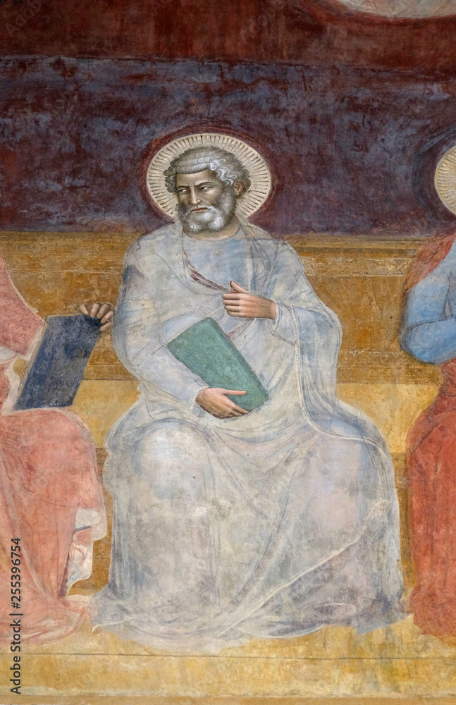 Saint Mark Evangelist, detail of the Triumph of St. Thomas Aquinas, fresco by Andrea di Buonaiuto, Spanish Chape in Santa Maria Novella Principal Dominican church in Florence, Italy