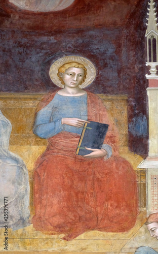 Saint John Evangelist, detail of the Triumph of St. Thomas Aquinas, fresco by Andrea di Buonaiuto, Spanish Chapel in Santa Maria Novella Principal Dominican church in Florence, Italy photo