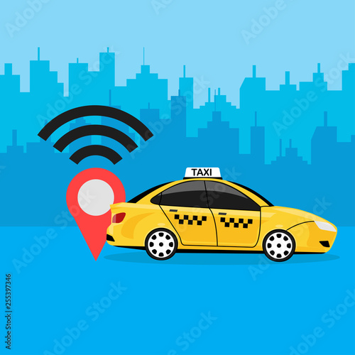 Smart car, taxi with navigation system, gps technology. Driverless vehicle isolated on background. Vector flat design