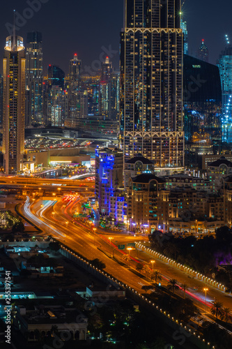Colourful night time view of downtown Dubai