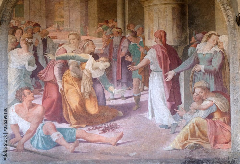 San Dominic frees an obsessed from the Demon, fresco by Lorenzo Sciorina in the cloister of Santa Maria Novella Principal Dominican church in Florence, Italy San Dominic frees an obsessed from the Demon, fresco by Lorenzo Sciorina in the cloister of Santa Maria Novella Principal Dominican church in Florence, Italy