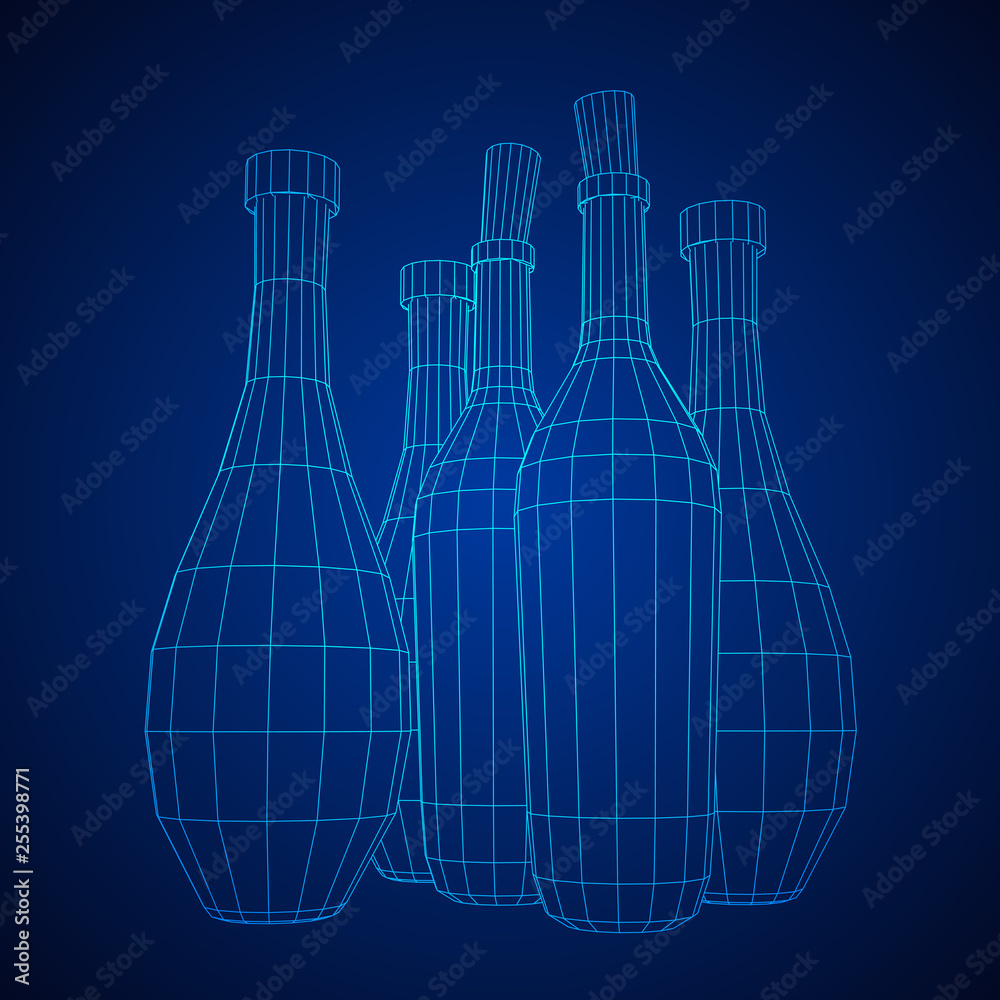 Different wine bottles. Model wireframe low poly mesh vector illustration Different wine bottles. Model wireframe low poly mesh vector illustration