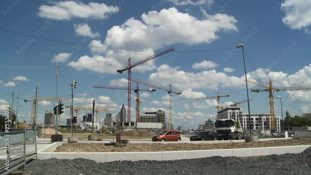 City Traffic and Construction Cranes Fast Motion Panorama