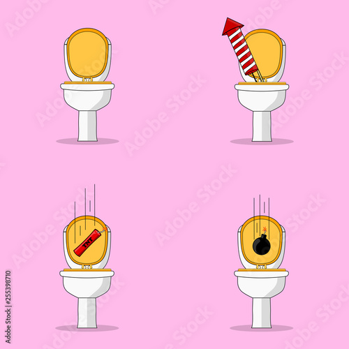 Toilet bowl, seat and round bomb, dynamite, rocket for fireworks isolated on background. Explosion. Danger weapon in bathroom interior. Vector cartoon illustration. Flat style design.