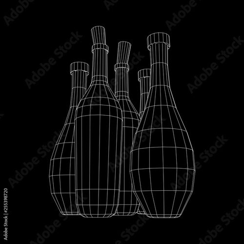 Different wine bottles. Model wireframe low poly mesh vector illustration