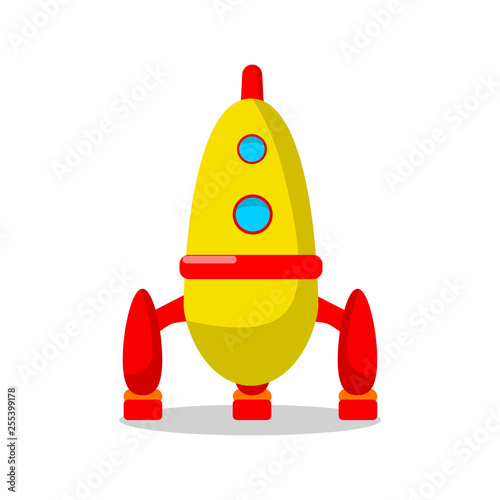 Kids toys isolated on white background. Vintage plastic toy rocket, space ship, shuttle. Childhood concept. Vector cartoon design