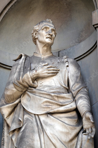 Amerigo Vespucci in the Niches of the Uffizi Colonnade. The first half of the 19th Century they were occupied by 28 statues of famous people in Florence, Italy