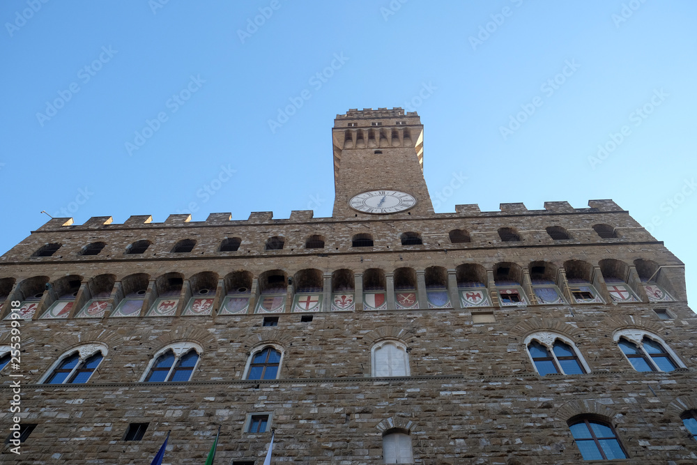 The Palazzo Vecchio (Old Palace) a Massive Romanesque Fortress Palace, is the Town Hall of Florence, Italy