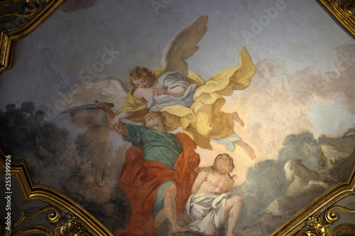 Abraham sacrifices Isaac, fresco in Church Santa Maria Maggiore in Florence, Tuscany, Italy
