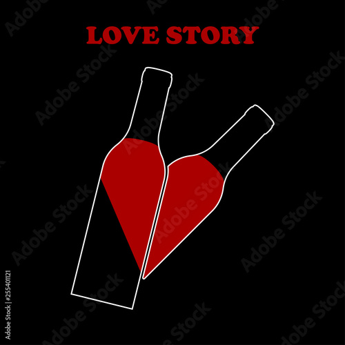 Glass bottle of wine with heartshape isolated on background. Love story. Valentine Day. Logo for restaurant menu. Vector flat design.