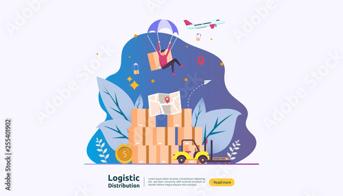 global logistic distribution service illustration concept. delivery worldwide import export shipping banner with people character for web landing page, presentation, social, poster or print media.