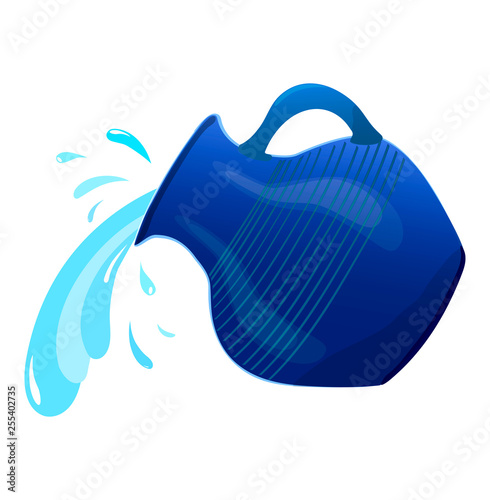 Flat drawing of the jug. Blue water jug, water is pouring. Dishes for liquid. Ceramics. Isolated, white. Vector