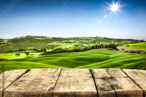 desk of free space for your decoration and landscape of spring Tuscany. 