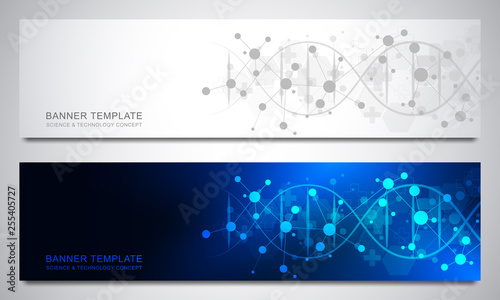 Banners and headers for site with DNA strand and molecular structure. Genetic engineering or laboratory research. Abstract geometric texture for medical, science and technology design.