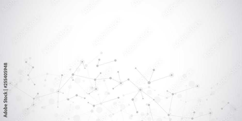 Obraz premium Abstract technology and innovation background with molecular structures and neural network. Molecules DNA and genetic engineering. Technical and scientific concept.