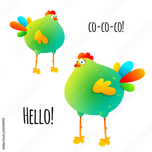 Two cute hens on white background. Colorful chiken farm birds. Vector illustration. Cartoon style for funny design. Isolated. EPS 10.