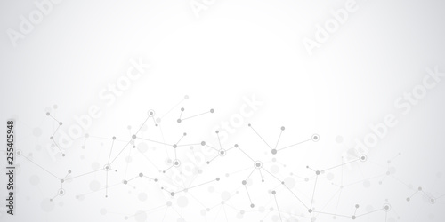 Abstract technology and innovation background with molecular structures and neural network. Molecules DNA and genetic engineering. Technical and scientific concept.
