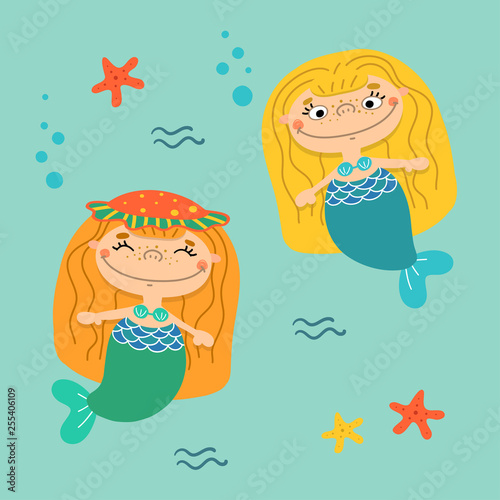 Two beautiful little mermaids with long hair under the water. Water nymph. Sea theme. Vector illustration in cartoon style.