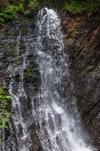 Waterfall in Carpathian mountains. Stream of mild water surrounded by greenery and wet stones 