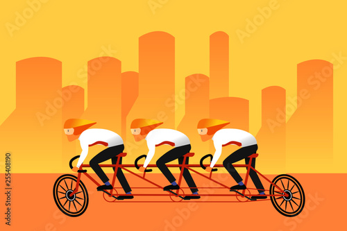 Three salaryman ride bicycle together . The concept of teamwork and hardworking in office