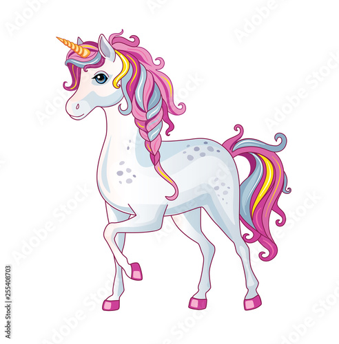Vector cartoon beautiful unicorn with rainbow mane on white background. Children's illustration. Magic. Wonderland.