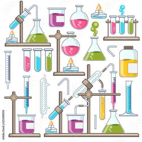 A set of chemical glassware. Isolated on white background. Vector illustration.