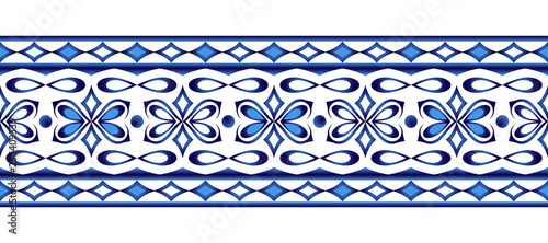 Ceramic tile border pattern. Islamic, indian, arabic motifs. Damask border seamless pattern. Porcelain ethnic bohemian background.