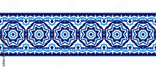 Ceramic tile border pattern. Islamic, indian, arabic motifs. Damask border seamless pattern. Porcelain ethnic bohemian background.