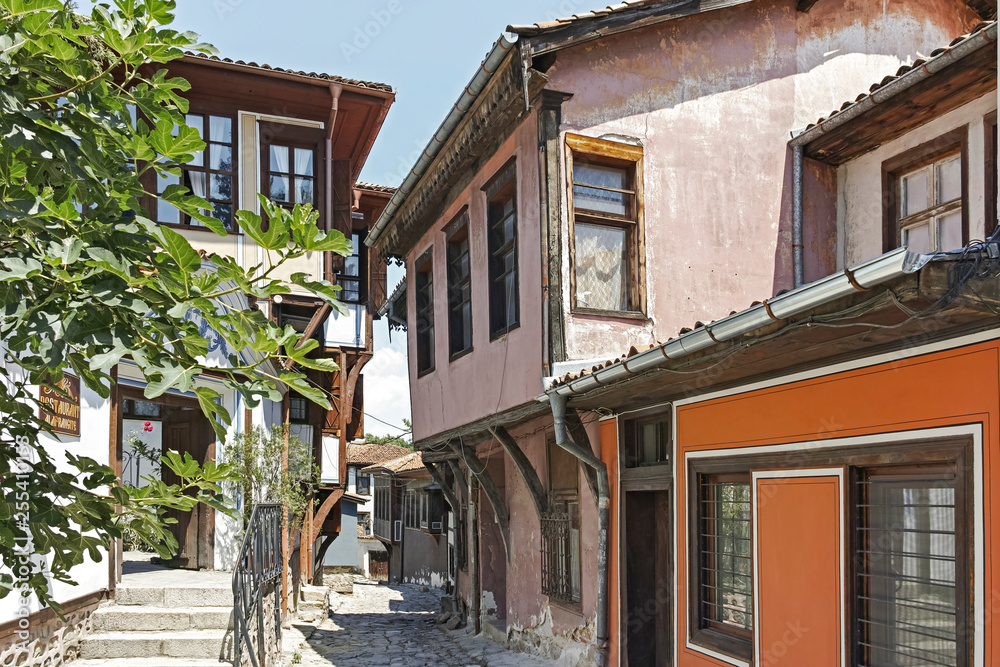 Typical cobblestones street in old town of city of Plovdiv, Bulgaria