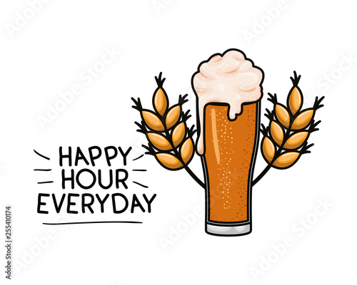 happy hour label with beer isolated icon