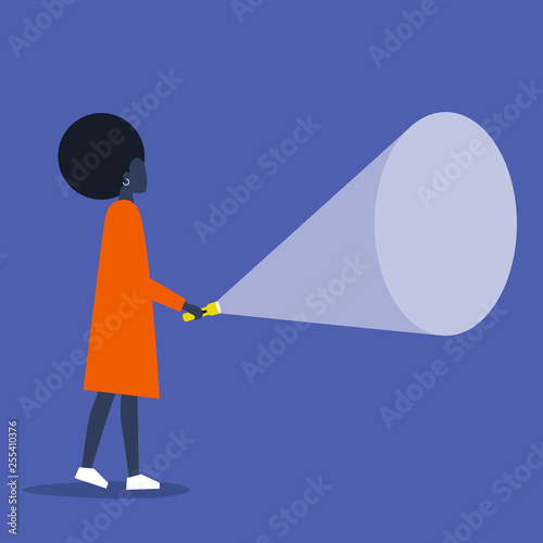 Young black female character holding a flashlight. Your text here / Flat editable vector illustration, clip art