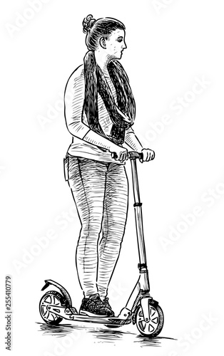 Sketch of a girl riding a scooter
