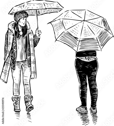 Sketch of teens girls meeting in the rain