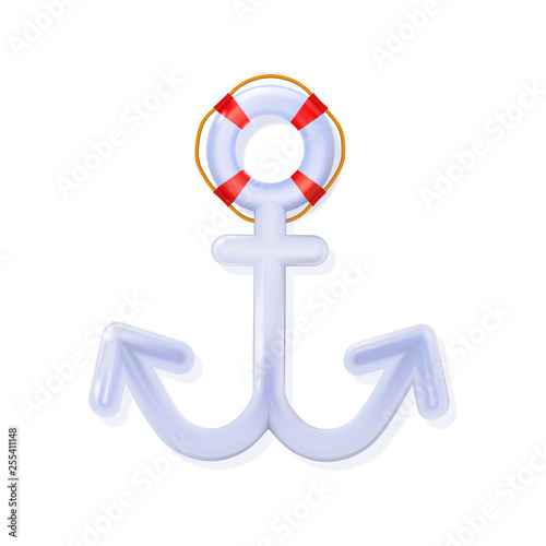 White Nautical Anchor glossy 3d blue, rounded plastic realistic toy. Modern decor vector isolated icon. Ship equipment illustration for marine and heraldry design. Design shiny sea way concept.