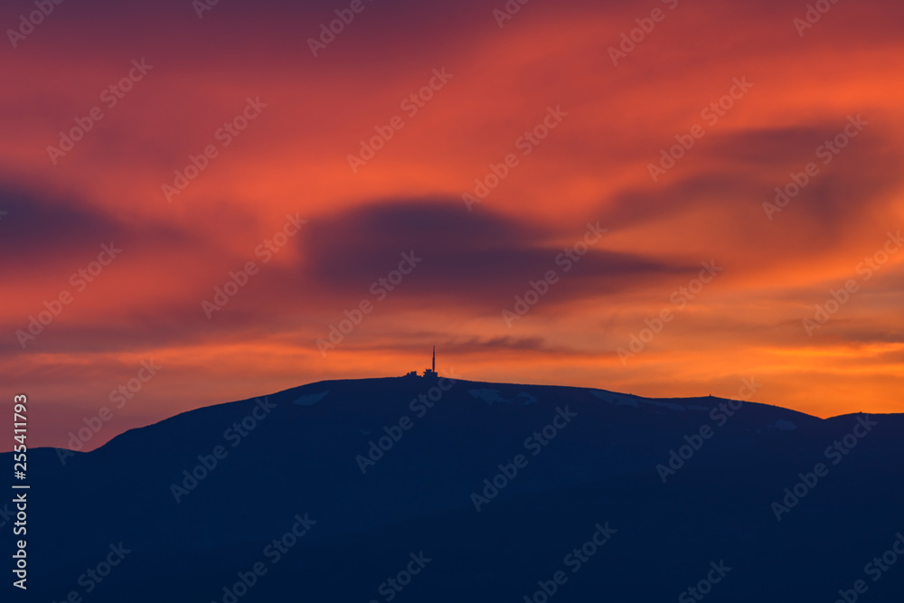 Stunning sunset over Old mountain, Bulgaria. View to Botev peak . Landscape, travel concept. Close up view.