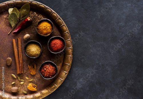 Spices seasoning in bowls and copy space for text. Spicy banner