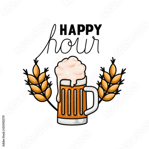happy hour label with beer isolated icon